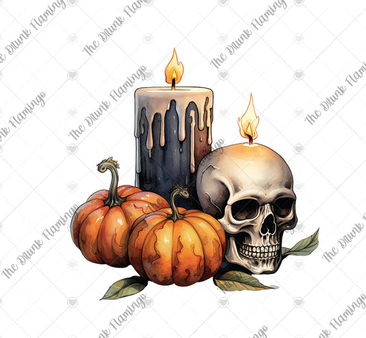 87- Skull, Candles & Pumpkins WHITE backed decal